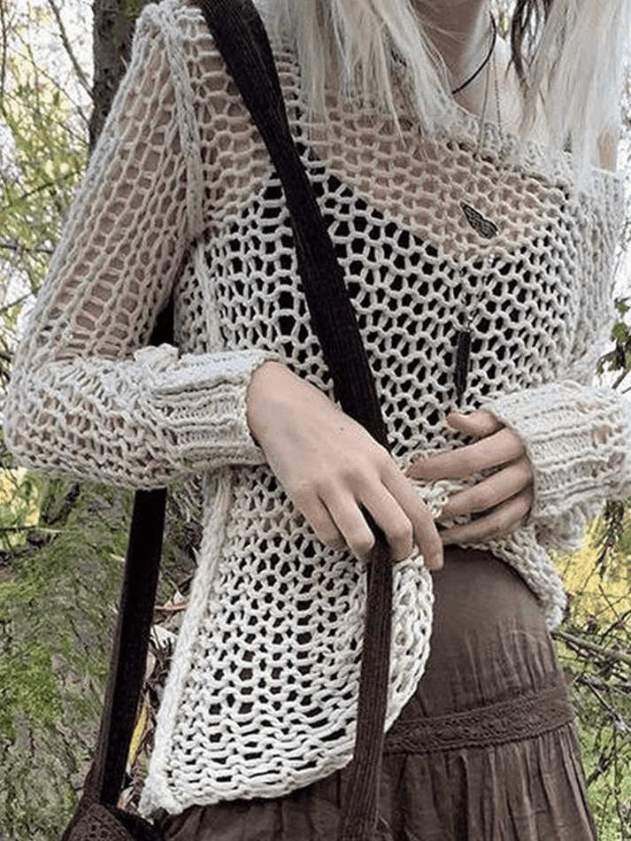 Crochet Hollow Long Sleeve Knit Top - AnotherChill