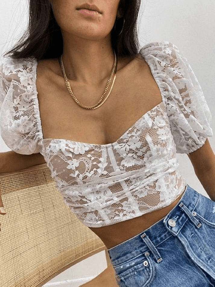 Cropped Lace Puff Sleeve Blouse - AnotherChill