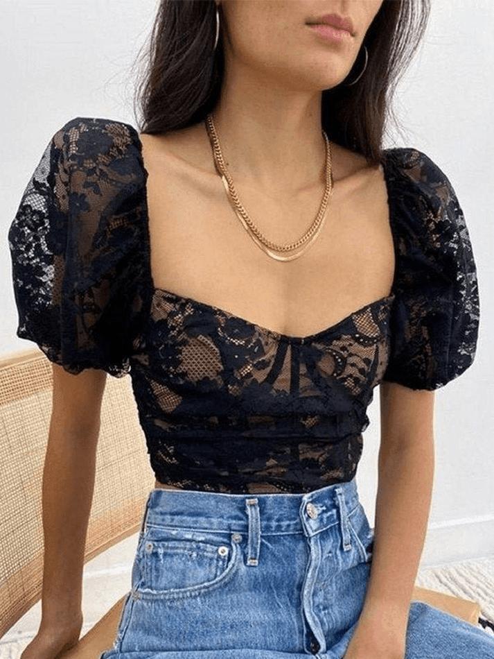 Cropped Lace Puff Sleeve Blouse - AnotherChill