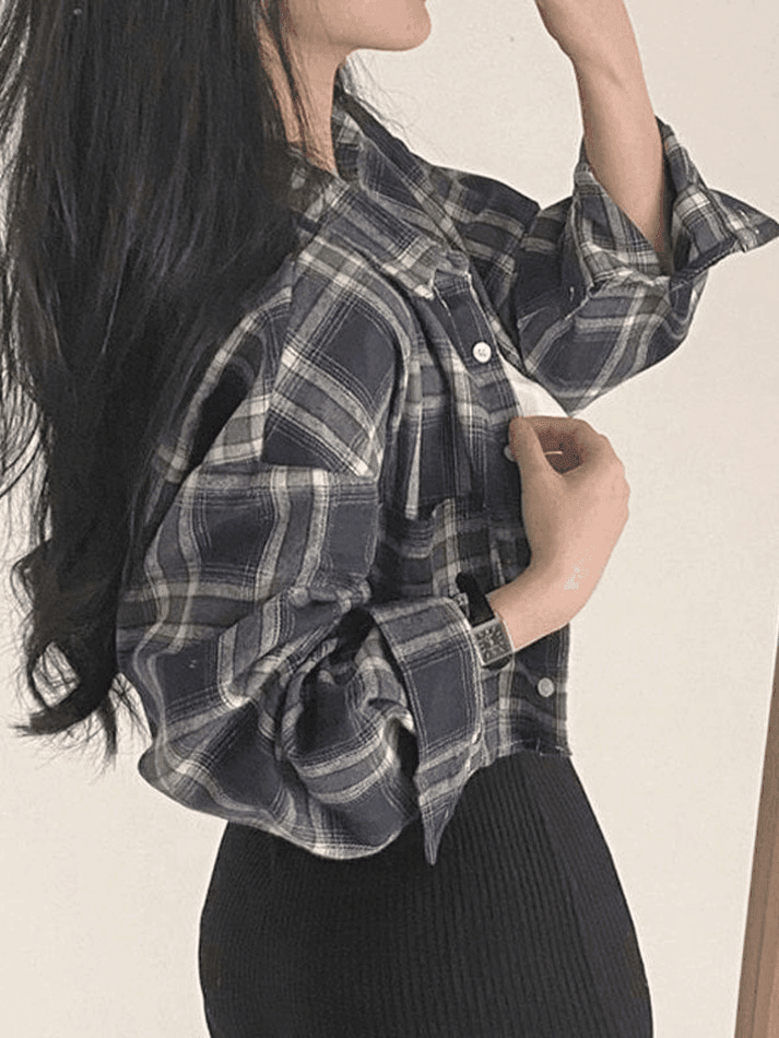 Cropped Long Sleeve Checkered Blouse AnotherChill