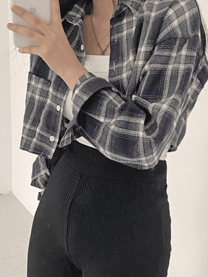 Cropped Long Sleeve Checkered Blouse - AnotherChill