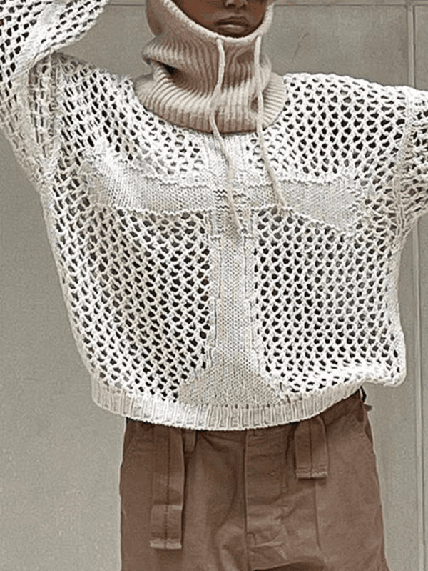 Cross Pattern Crochet Hollow Long Sleeve Knit Top - AnotherChill