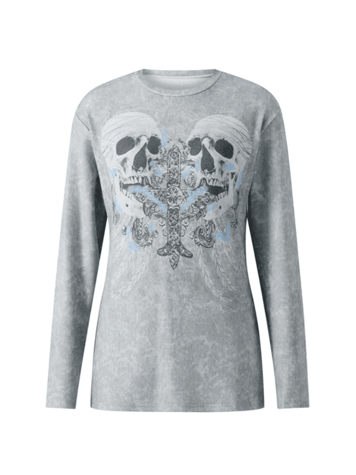 Cross Skull Printed Long Sleeve Top - AnotherChill