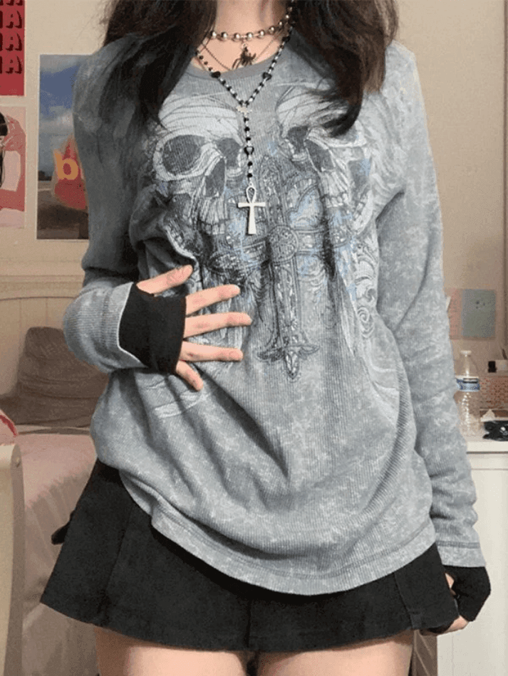 Cross Skull Printed Long Sleeve Top - AnotherChill