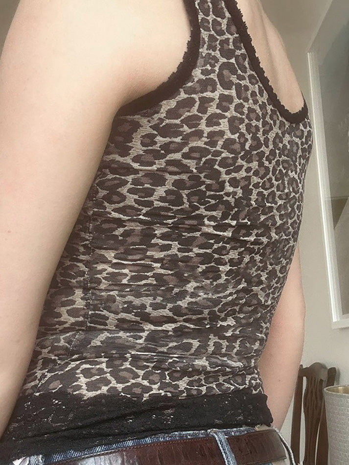 Leopard Print Lace Ruffle Trim Tank Top