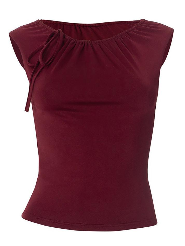 Solid Color Drawstring Tie Crew Neck Top