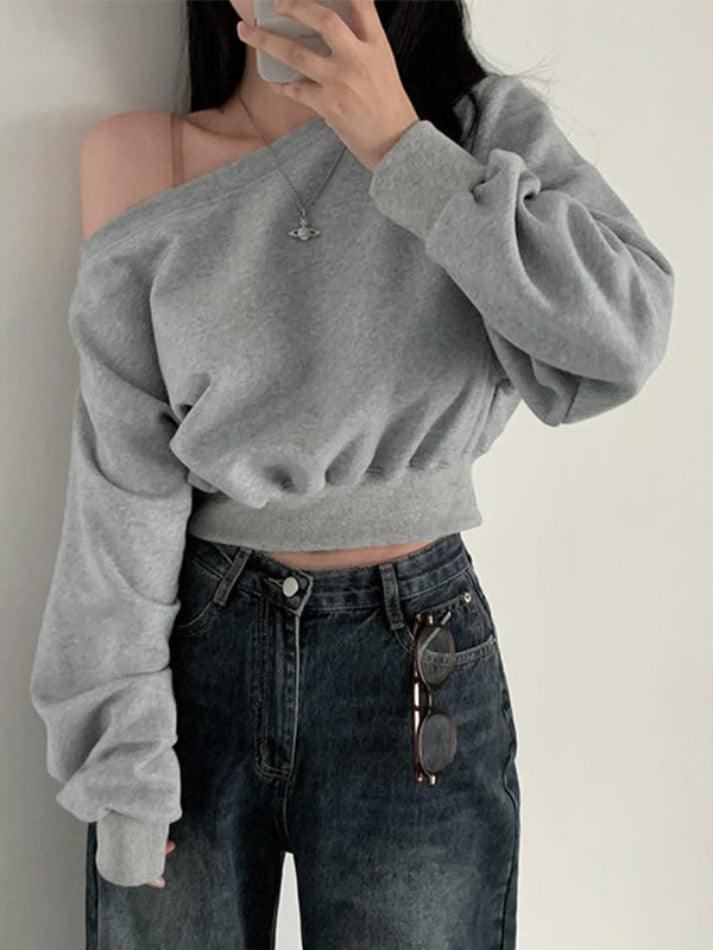 Solid One Shoulder Short Sweatshirt