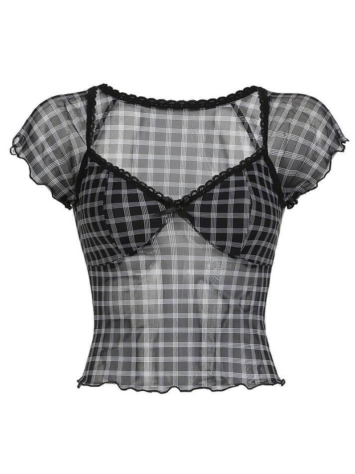 Vintage Plaid Mesh Ruffle Top - AnotherChill