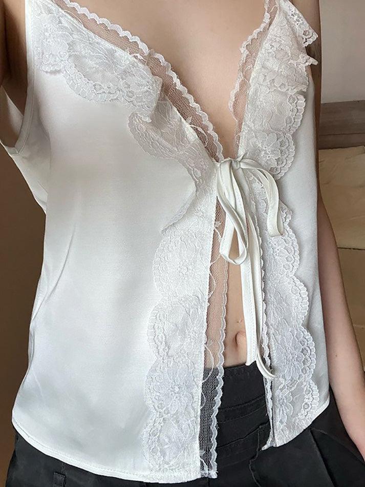 Lace Trim Tie V-Neck Tank Top