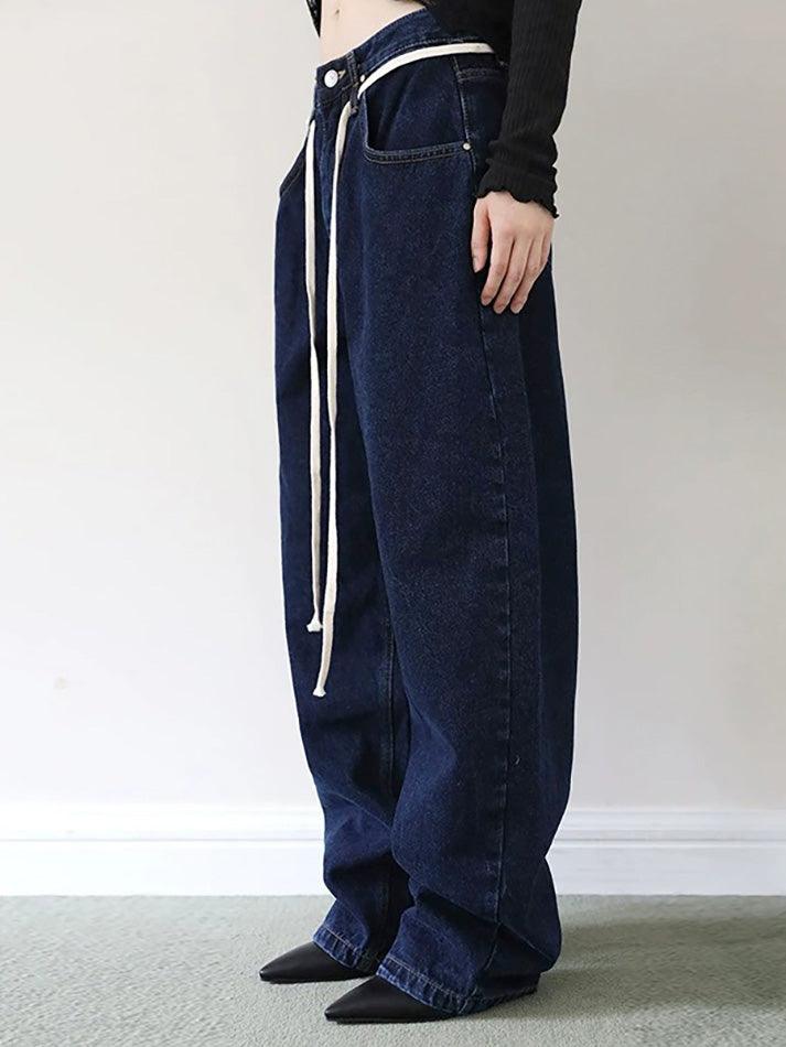 Vintage Solid Color Tie Loose Straight-Leg Jeans