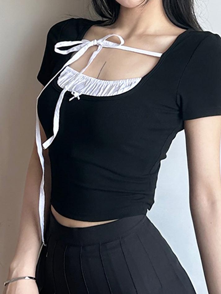 Contrast Stitching Short-Sleeved Square Collar Slim Top - AnotherChill