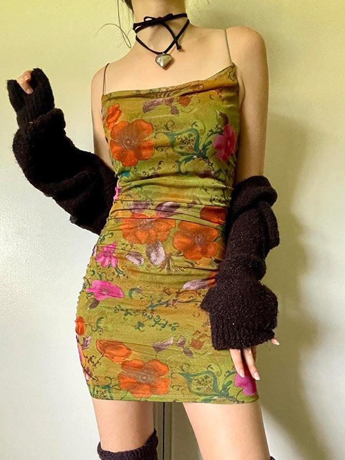 Vintage Floral Print One-Shoulder Pleated Halter Dress - AnotherChill