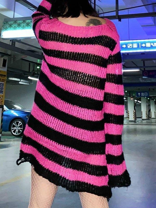 Distressed Stripe Longline Sweater - AnotherChill