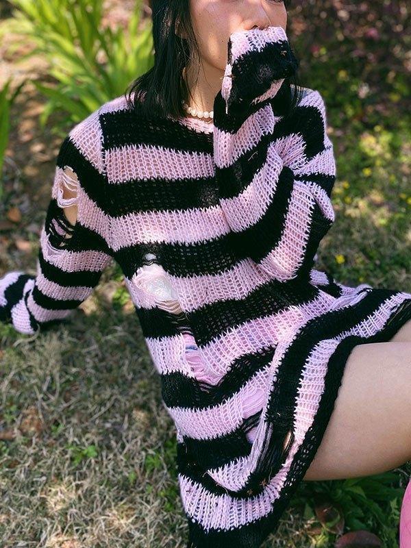 Distressed Stripe Longline Sweater - AnotherChill