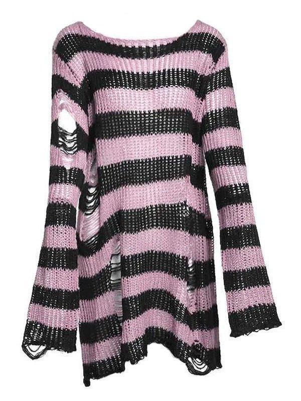 Distressed Stripe Longline Sweater - AnotherChill