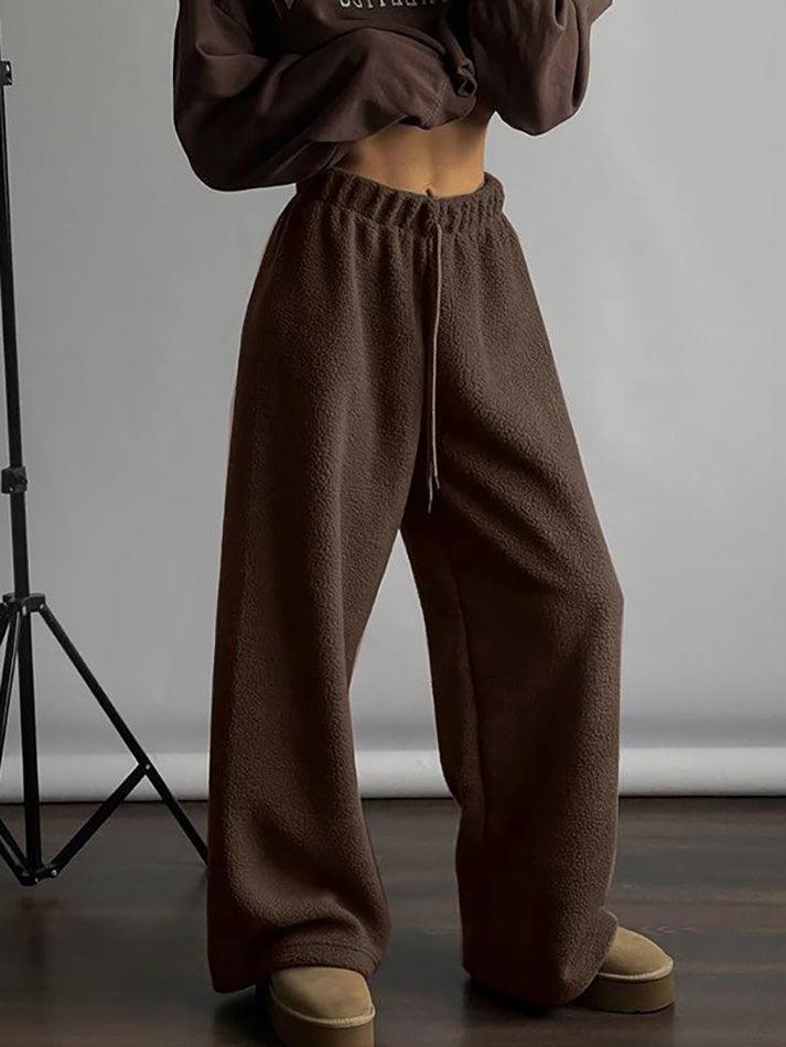 Drawstring Wide Leg Teddy Fleece Pants - AnotherChill