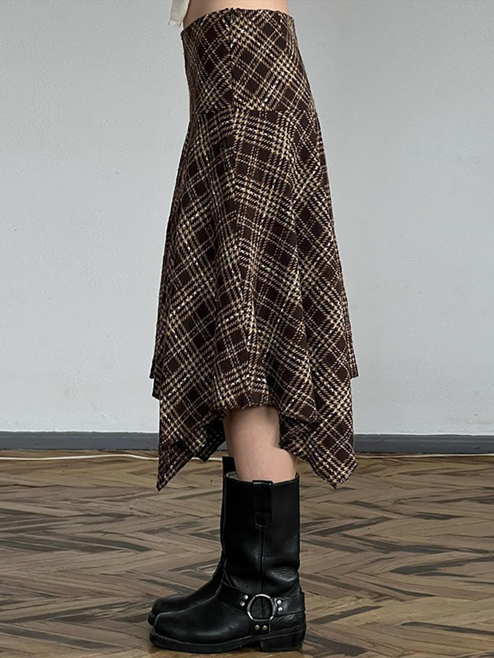 Vintage Plaid Contrast High-Waisted Asymmetrical Skirt