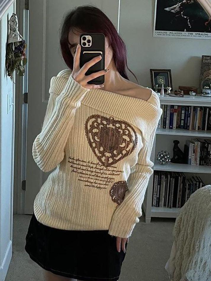 Vintage Print Irregular Neck Sweater