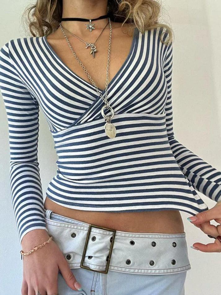 V Neck Stripe Print Long Sleeve Tee