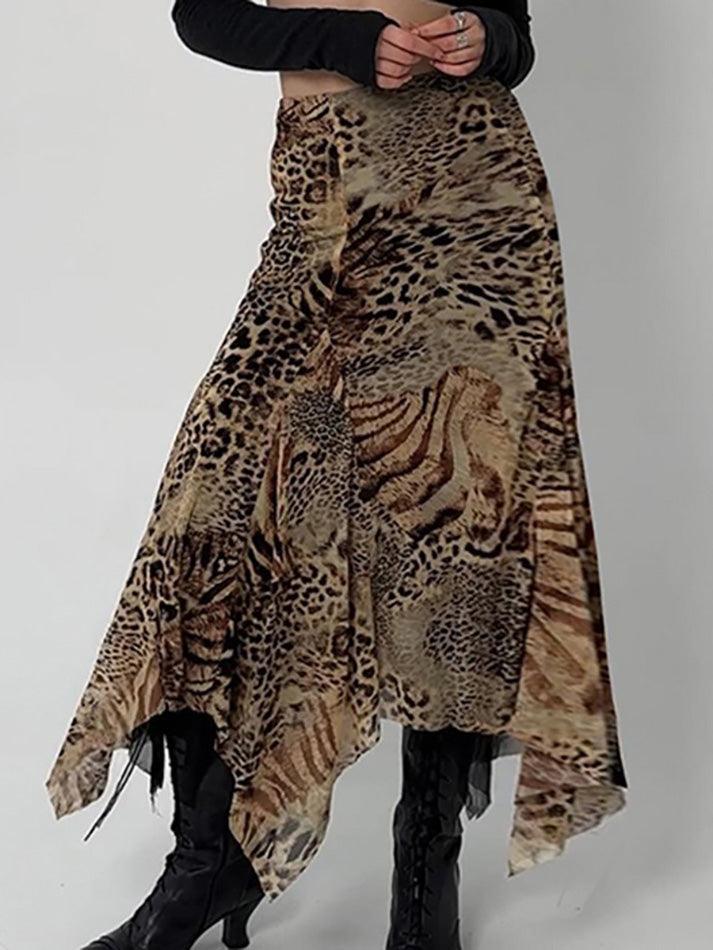 Vintage Leopard Print Asymmetrical Hem Midi Skirt