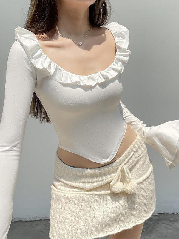 Ruffled Flared Long Sleeve Y2K Crop Top