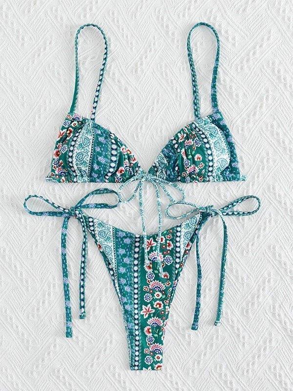 Ethnic Floral Lace Up Bikini Set - AnotherChill