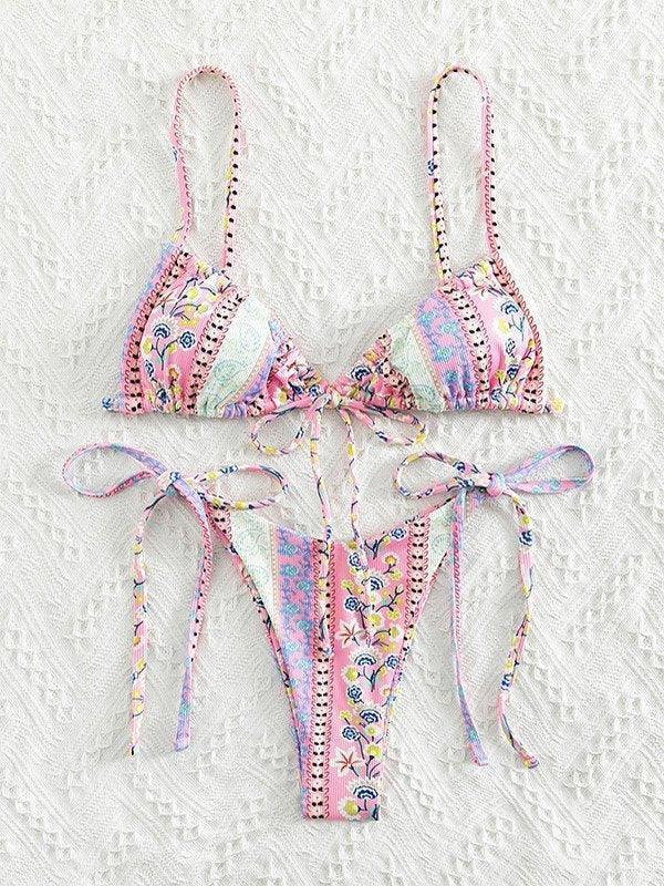 Ethnic Floral Lace Up Bikini Set - AnotherChill