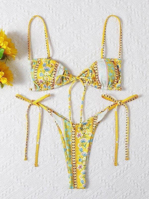 Ethnic Floral Lace Up Bikini Set - AnotherChill