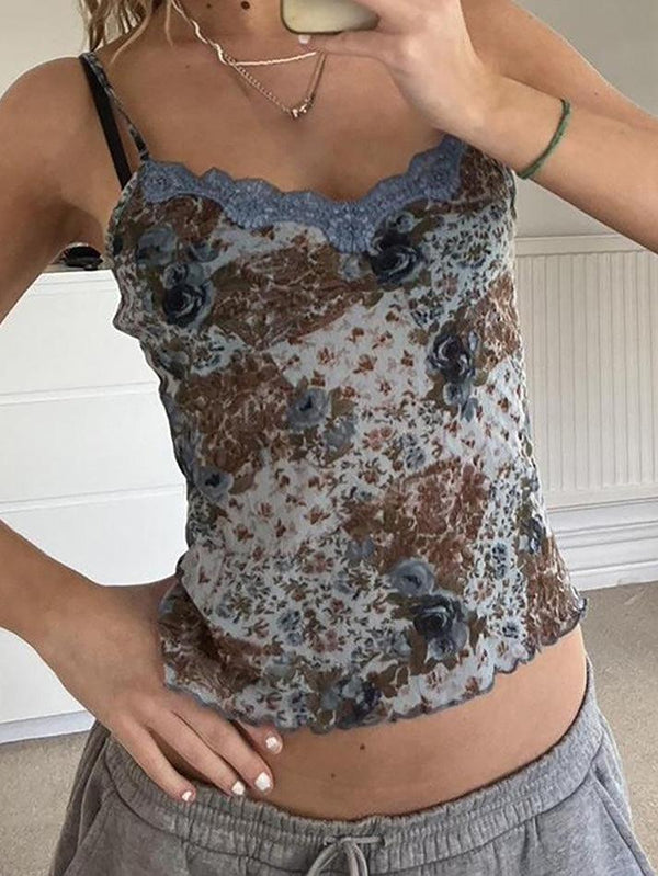 Floral Print Lace Trim Camisole Top