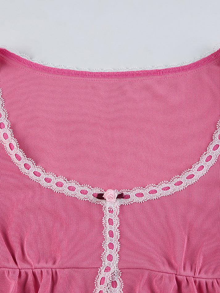 Pink Frill Cute Lace Long Sleeves Mini Top - AnotherChill