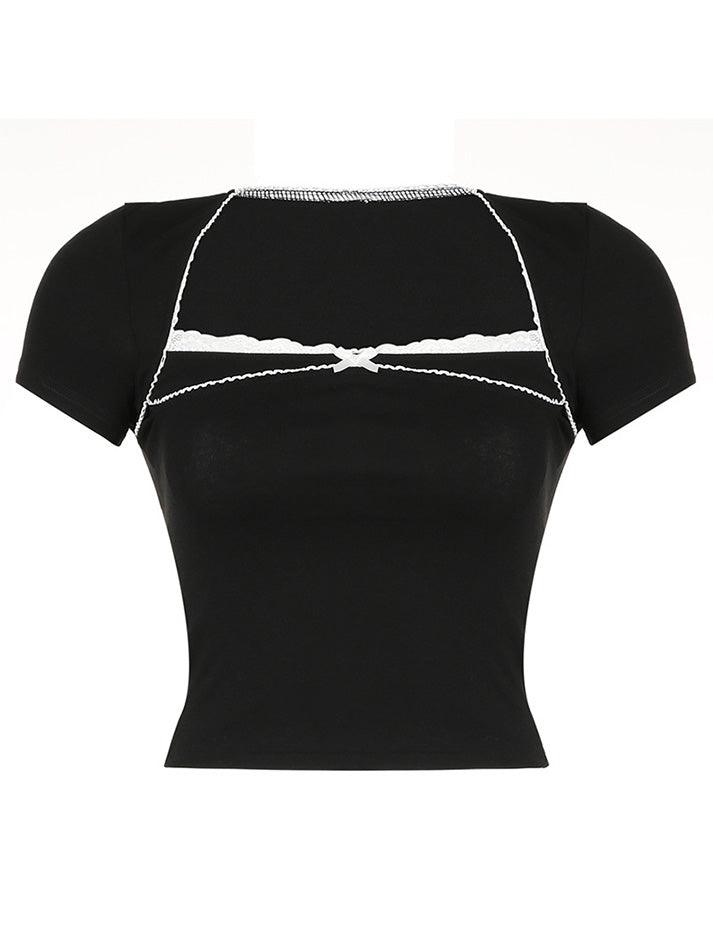 Y2K Gothic Lace Trim Bow Slim Top - AnotherChill