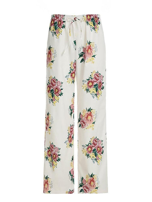 Vintage Floral Print Drawstring Low-Rise Pants