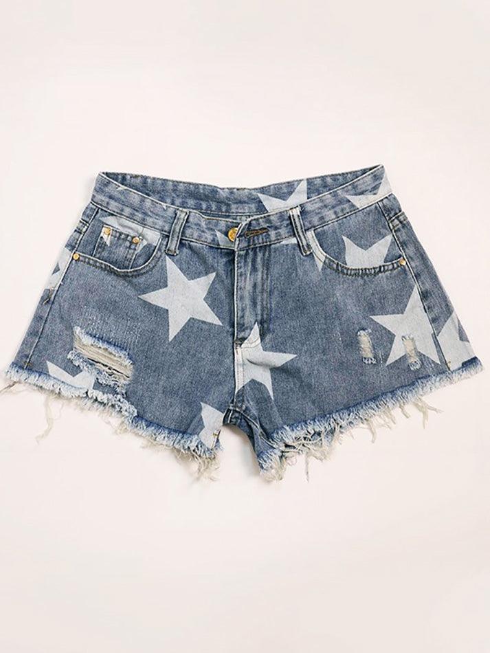 Random Star Print Ripped Low Rise Denim Shorts - AnotherChill