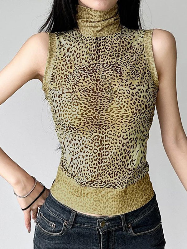 Vintage Leopard Print High-Neck Mesh Patchwork Tank Top