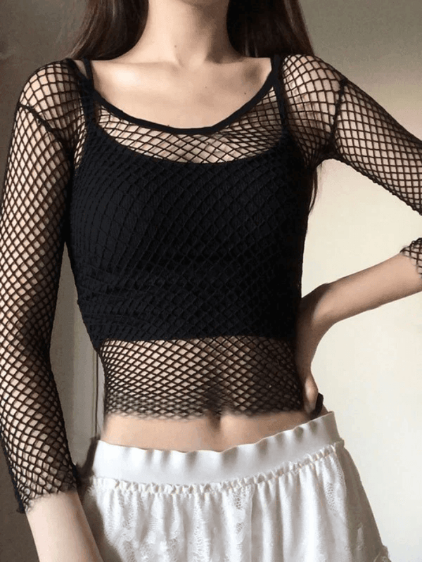 Fishnet Long Sleeve Knit Crop Top - AnotherChill