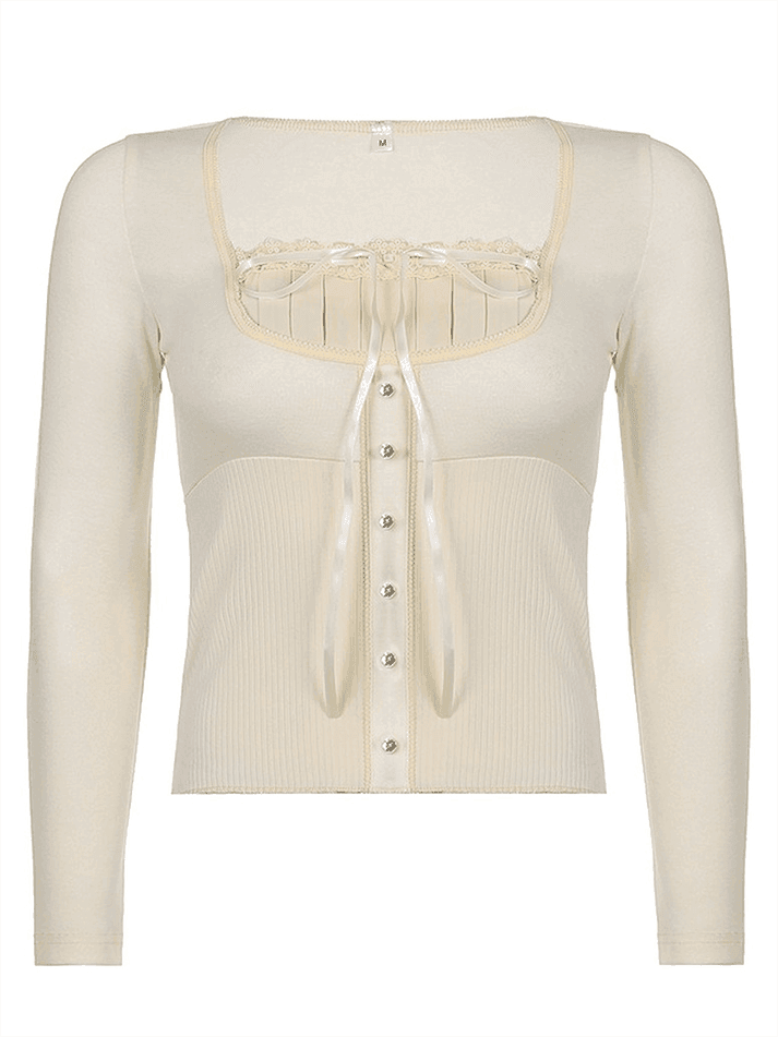 Fleece Bow-Neck Ribbed Lace Blouse - AnotherChill