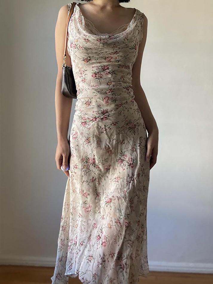 Floral Print Asymmetrical Lace Trim Maxi Dress - AnotherChill