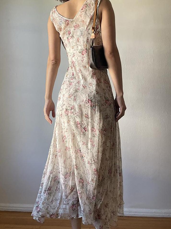 Floral Print Asymmetrical Lace Trim Maxi Dress - AnotherChill