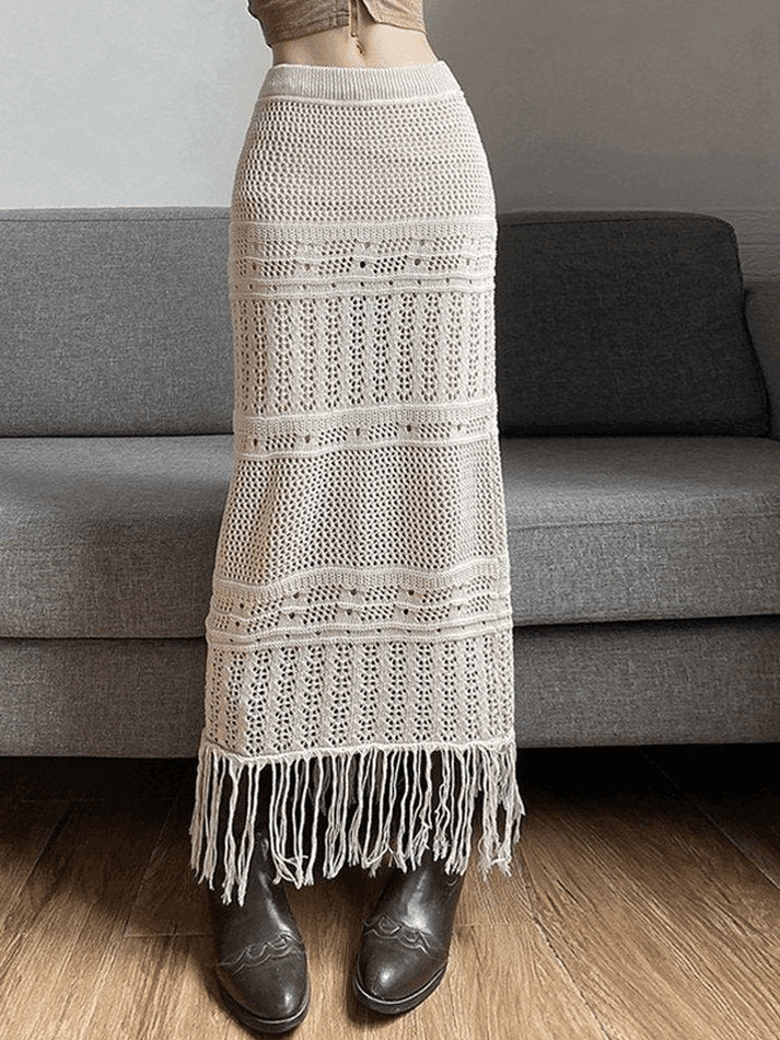 Fringed Crochet Hollow Knit Long Skirt - AnotherChill