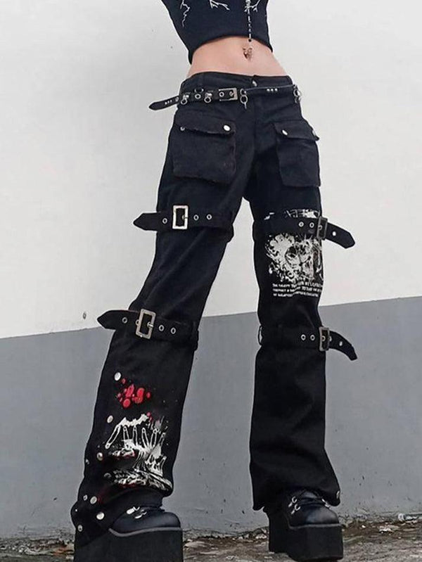 Goth metal buckle pocket cargo pants - AnotherChill