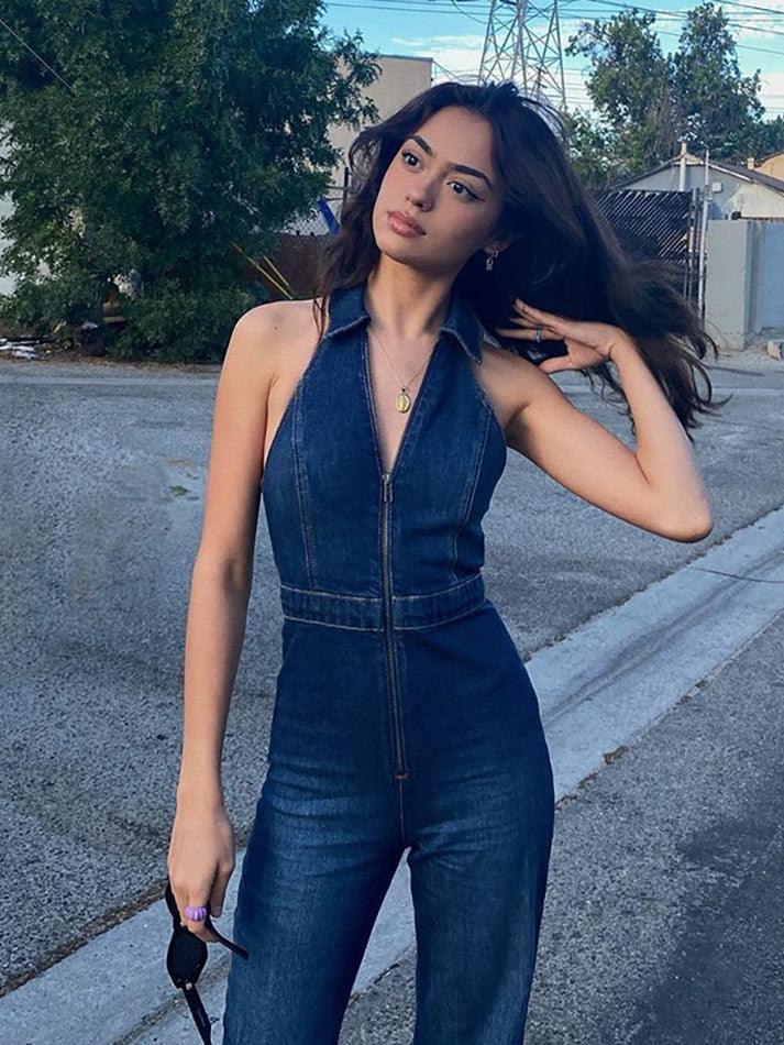 Halter Neck Denim Jumpsuit - AnotherChill