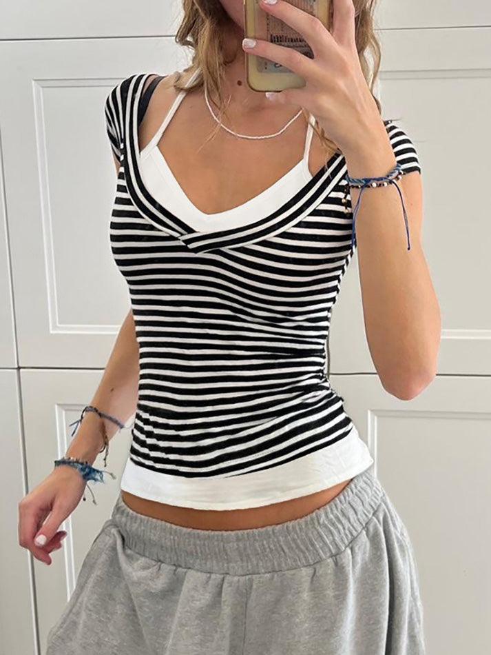 Halter Tie Contrast Striped Faux Two-Piece Top - AnotherChill