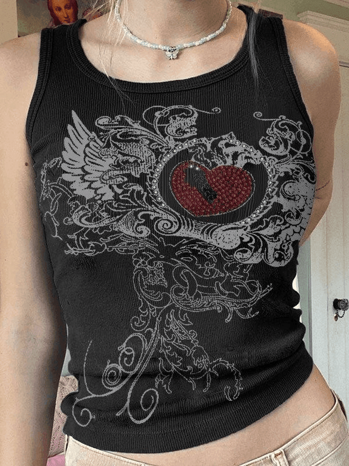 Heart Rhinestone Rib Crop Tank Top - AnotherChill