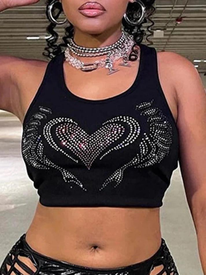 Heart Rhinestone U Neck Crop Tank Top - AnotherChill