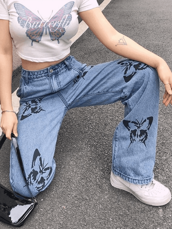 High Waist Butterfly Boyfriend Jeans - AnotherChill