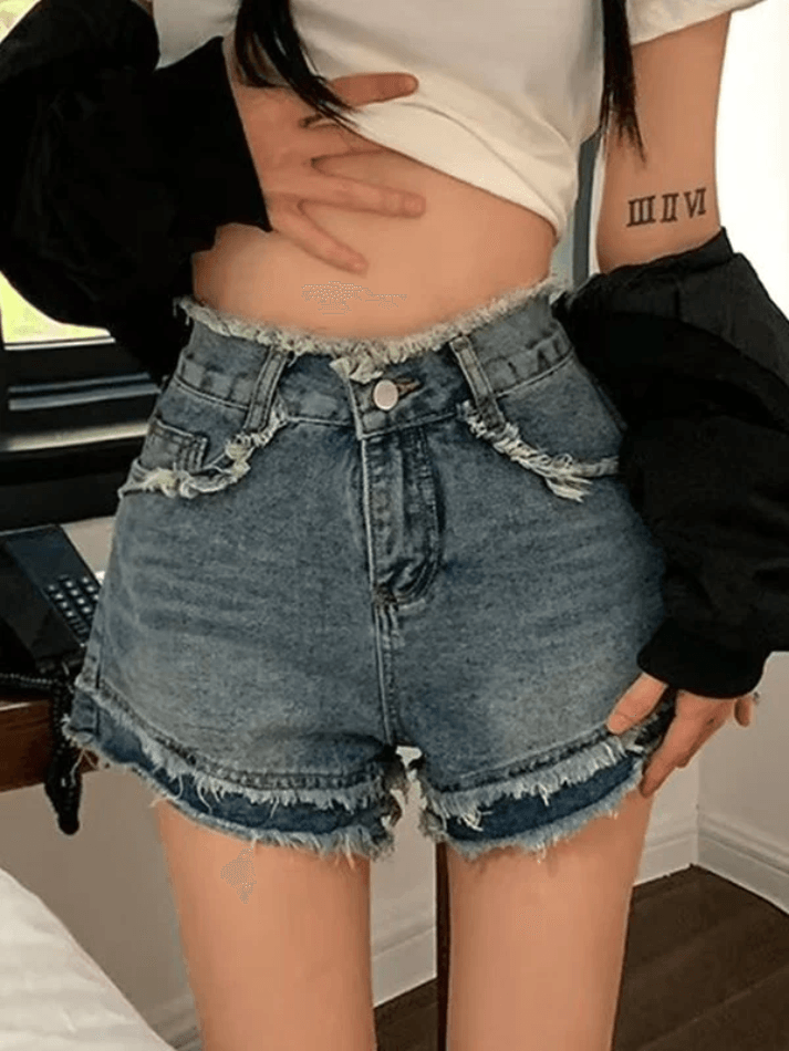 High Waist Frayed Denim Shorts - AnotherChill