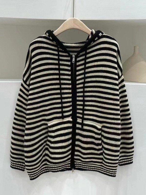 Hooded Striped Long Sleeve Knit Cardigan - AnotherChill