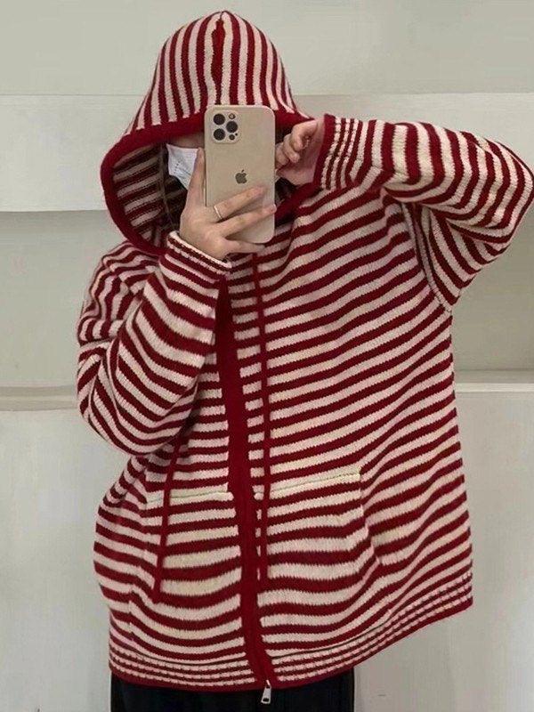 Hooded Striped Long Sleeve Knit Cardigan - AnotherChill