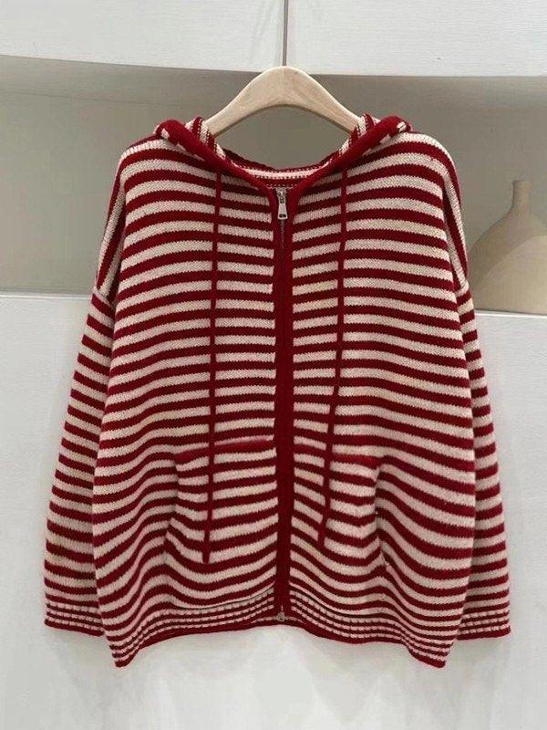 Hooded Striped Long Sleeve Knit Cardigan - AnotherChill