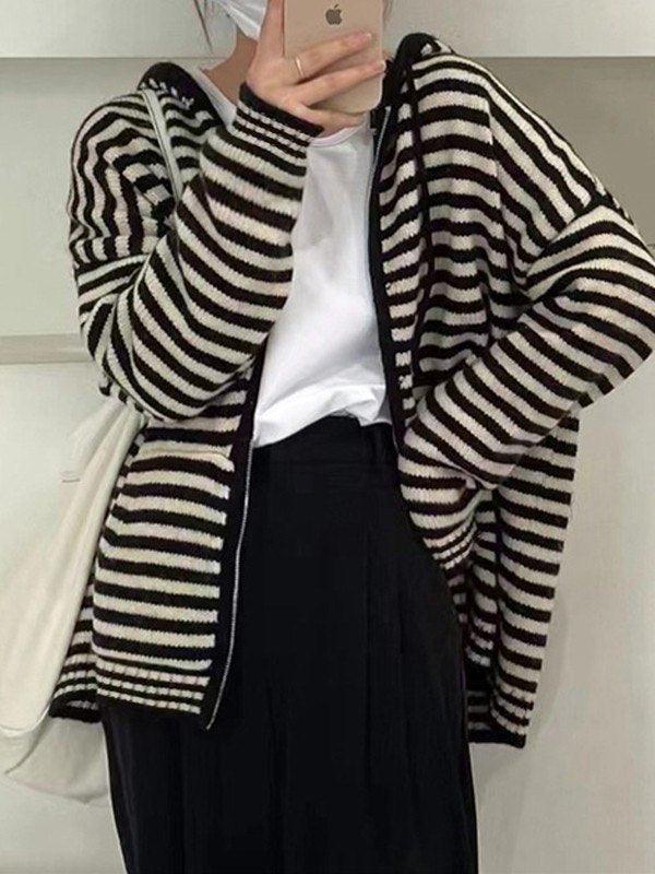 Hooded Striped Long Sleeve Knit Cardigan - AnotherChill